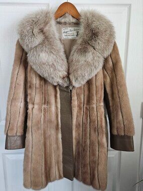 Vintage Blonde Mink Fur & Leather Coat with Stunning Fox Fur Collar - Size S